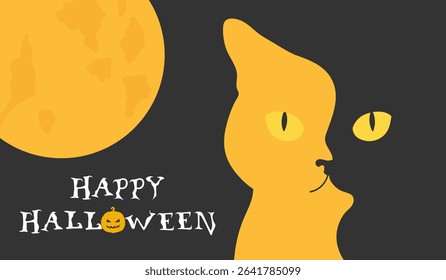 Minimalist Halloween banner with black cat with full moon shadow on face. Vector illustration