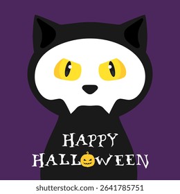 Minimalist Halloween card with a cat. Black cat with a skull on his face. Vector illustration