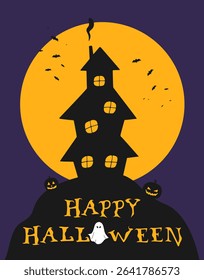 Minimalist Halloween card with a witch silhouette on full moon background. Vector illustration
