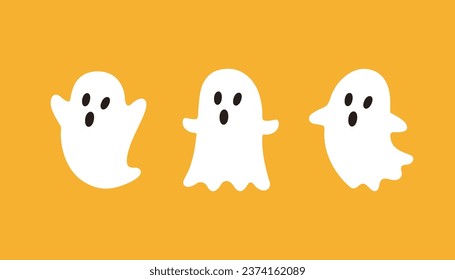 Fantasma minimalista de Halloween puesta en el fondo amarillo. Ilustración vectorial de mano plana, pequeña, para banner, tarjeta de saludo, afiche, invitación, cubierta