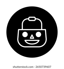 Minimalist halloween icon design featuring a cheerful pumpkin face inside a black circle background simple but captivating