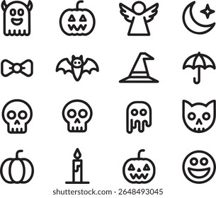 Minimalist Halloween Icons Featuring Ghosts, Pumpkins, Bats, and Skulls Perfect for Spooky Season Designs and Festive Decorations