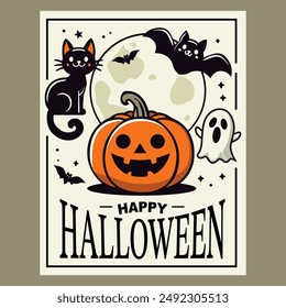 Minimalist Halloween illustration featuring a jack-o'-lantern, black cat, bat, and ghost against a full moon background. Ideal for greeting cards, posters, festive decorations, and Halloween designs.