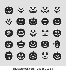 Minimalist Halloween pumpkin face icons with unique expressions arranged in grid