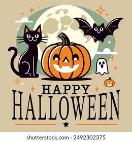 Minimalist Halloween vector art featuring a smiling jack-o'-lantern, black cat, bat, and ghost in front of a full moon. Perfect for festive decorations, greeting cards, and Halloween-themed designs.