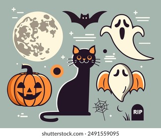 Minimalist Halloween vector illustration featuring a black cat, pumpkins, ghosts, bat, full moon, and spider web. Perfect for festive decorations, greeting cards, and Halloween-themed designs.