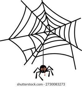 A minimalist Halloween-themed vector illustration featuring a black spider hanging from a web strand, with red eyes, fangs, and a small drop of blood. Perfect for spooky yet playful Halloween decorations, clip art, posters, invitations, and digital designs.