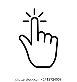 Cursor de mano minimalista haciendo clic en el icono. Ilustración de línea de Vector de un gesto de tacto con el dedo adecuado para Botones de Web, Enlaces y diseño de interfaz de usuario.
