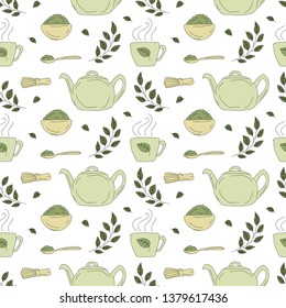 Minimalist hand draw illustration of Matcha green tea, tea pot, tea whisk and Matcha powder. Seamless pattern for Japanese tea ceremony