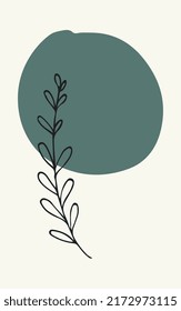 Dibujo manual minimalista de la planta de hojas y verde oscuro círculo. Un boho arte de la línea de diseño de ilustraciones vectoriales orgánicas naturales orgánicas del tropical. Úsalo para imprimir, afiche, papel pintado, etiqueta, medios sociales. 