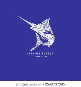 Minimalist Hand Drawing Marlin Fish With Blue Background