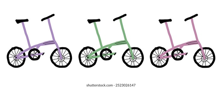 Minimalist hand drawing of three bicycles in pastel shades of purple, green, and pink. Ideal for cycling-themed designs, posters, or apparel. Vector image, eps format, cute design.