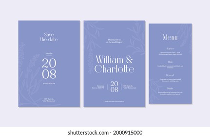 Minimalist hand drawing wedding invitation card template design, floral line art drawing bouquet decorated on line frame.