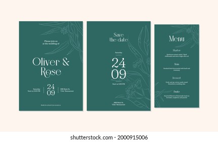 Diseño minimalista de la plantilla de la tarjeta de invitación a la boda, ramo de dibujo de línea floral decorado en el marco de la línea.