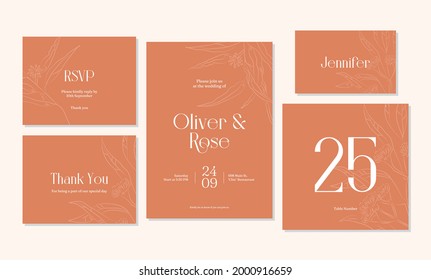 Minimalist hand drawing wedding invitation card template design, floral line art drawing bouquet decorated on line frame.