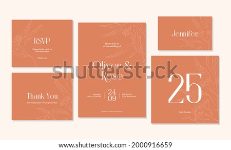 Minimalist hand drawing wedding invitation card template design, floral line art drawing bouquet decorated on line frame.