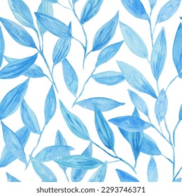 Minimalist hand drawn abstract seamless pattern with blue branches and leaves. Modern trendy textured vector illustration