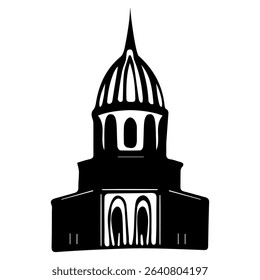 Minimalist hand drawn black silhouette of domed architectural structure with arched details and pointed spire isolated on transparent background. Vector art
