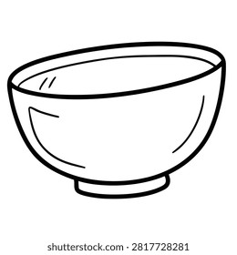 A minimalist hand drawn black and white illustration of an empty kitchen bowl isolated on a white background
