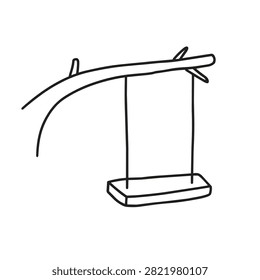 A minimalist hand drawn black and white illustration of a basic wooden playground swing suspended by ropes from a thick tree limb