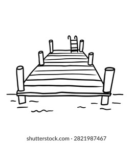 A minimalist hand drawn black and white illustration of a boat dock or pier featuring a ladder on a white background