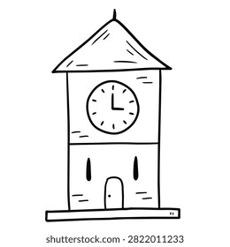 A minimalist hand drawn black and white illustration of a tall clock tower building with a pointed roof and a central clock face.