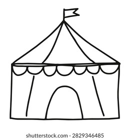 A minimalist hand drawn black and white outline of a carnival circus tent featuring a decorative scalloped roof edge and a small flag on top.