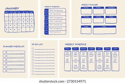 Minimalist hand drawn blank planner templates. Monthly plan, weekly schedule and to do list checklist collection. Graphic organization and productivity management vector set