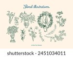 Minimalist hand drawn botanical vector illustration collection. Art for greeting cards, wedding invitations, poster design, postcards, branding, logo design, background.