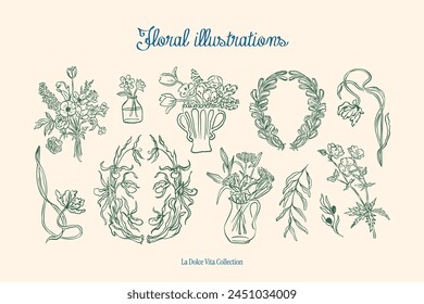 Minimalist hand drawn botanical vector illustration collection. Art for greeting cards, wedding invitations, poster design, postcards, branding, logo design, background.