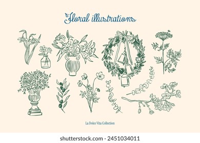 Minimalist hand drawn botanical vector illustration collection. Art for greeting cards, wedding invitations, poster design, postcards, branding, logo design, background.