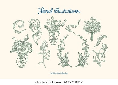 Minimalist hand drawn botanical vector illustration collection. Art for greeting cards, wedding invitations, poster design, postcards, branding, logo design, background.	