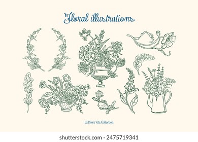 Minimalist hand drawn botanical vector illustration collection. Art for greeting cards, wedding invitations, poster design, postcards, branding, logo design, background.	