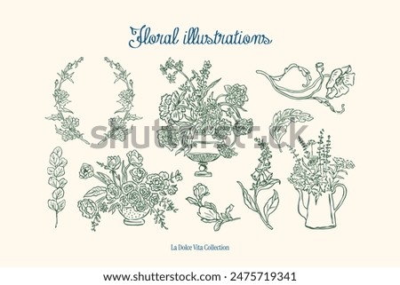 Minimalist hand drawn botanical vector illustration collection. Art for greeting cards, wedding invitations, poster design, postcards, branding, logo design, background.	