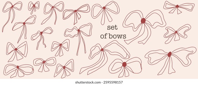 Minimalist hand drawn bow set in a delicate, vintage inspired aesthetic. Elegant line art ribbons in muted red on a soft neutral background. Perfect for branding, packaging, stationery, fashion design