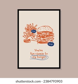 Minimalist hand drawn burger with fries vector illustration collection. Art for postcards, branding, logo design, background.