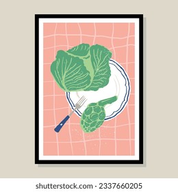 Minimalist hand drawn cabbage illustration for wall art collection