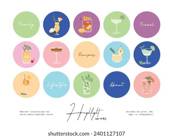 Minimalist hand drawn cocktail vector illustration collection. Art for postcards, branding, logo design, background.