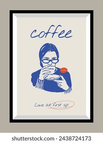 Minimalist hand drawn coffee vector print poster in a frame. Art for postcards, branding, logo design, greeting card