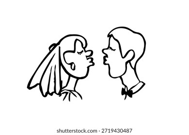Mão minimalista desenhado rabiscar de uma noiva e noivo prestes a beijar. Simples esboço de tinta preta de um casal de casamento em um estilo de desenho animado caprichoso, isolado no fundo branco para casamento e temas de romance