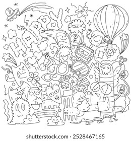 A minimalist hand drawn doodle featuring cute monsters, playful characters, and random fun elements in a whimsical and energetic style