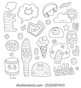 A minimalist hand drawn doodle featuring thin lines with quirky characters, fun shapes, and simple objects like clouds, trees, and ice cream in a playful and whimsical style