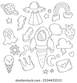 A minimalist hand drawn doodle featuring thin lines and simple elements like a UFO, rocket, rainbow, and planets in a clean and playful style