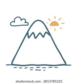 A minimalist hand drawn doodle of a mountain peak featuring a snowy top with a sun and a small cloud in the sky