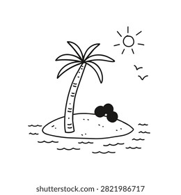 A minimalist hand drawn doodle of a small tropical island with a palm tree, rocks, sun, and ocean waves.