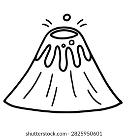 A minimalist hand drawn doodle of a volcano with lava flowing down its sides and a small rock or bubble floating above the crater