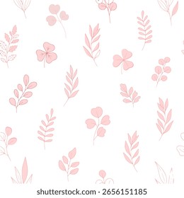Minimalist hand drawn fabric pattern, pink leaves on white background