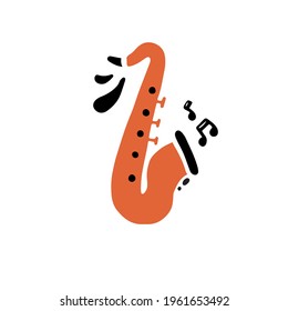 Minimalist Hand Drawn Flat Style Vector Illustration Of Traditional Brass Instrument Of Vibrant Orange Color Called Saxophone Playing Loud Creative Music Depicted With Black Notes