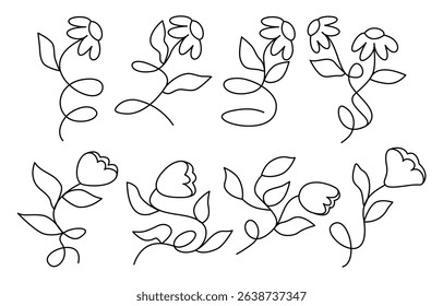 Minimalist hand drawn floral set line art in playful groovy style, perfect sketch for coloring book illustration.