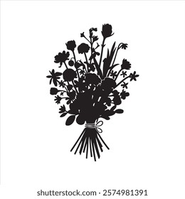 Minimalist hand drawn flower Bouquet Silhouette vector Illustration on white background 